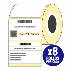 Pack x8 Rollos Etiquetas Térmicas 80x50mm 1 Banda Buje Chico