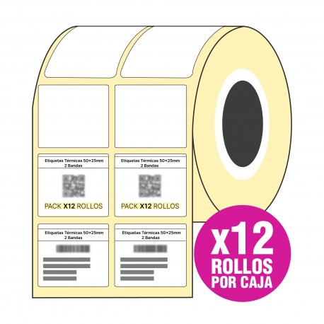 Pack x12 Rollos Etiquetas Térmicas 50x25mm 2 Banda Buje Chico