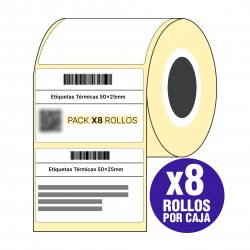 Pack x8 Rollos Etiquetas Térmicas 50x25mm 1 Banda Buje Chico