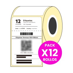 Pack x12 Rollos Etiquetas Térmicas Troqueladas 100x190 mm 1 Banda Buje Chico